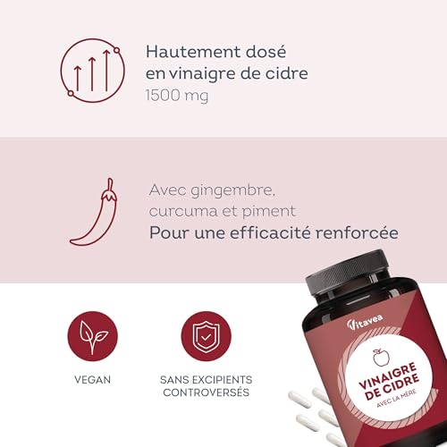 Vitavea Vinaigre de Cidre Gélules 1500 mg avec la Mère - Complexe avec Piment, Gingembre et Curcuma - 120 Gélules Vegan 