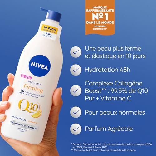 NIVEA Lait Corps Fermeté Q10 48H - Hydratant raffermissant - Peaux normales - 625ml - Co-Enzyme Q10 & Vitamine C - Crème