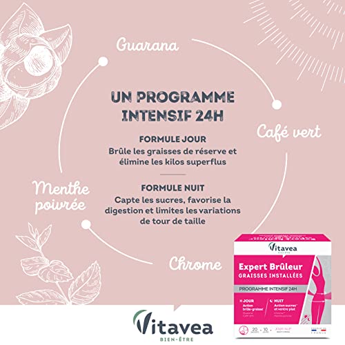 VITAVEA BIEN-ETRE Brûleur de Graisses Installées Ventre Plat 24h Jour/Nuit avec Guarana Menthe Poivrée Chrome - 20 Sache