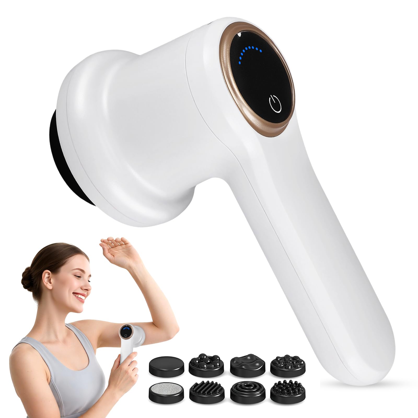 Anti-Cellulite Massager Portable avec 8 Accessoires Interchangeables – Défatigant pour Corps, Jambes, Ventre, Bras