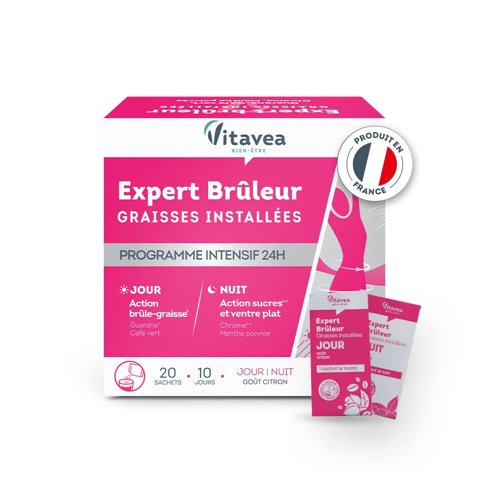 VITAVEA BIEN-ETRE Brûleur de Graisses Installées Ventre Plat 24h Jour/Nuit avec Guarana Menthe Poivrée Chrome - 20 Sache