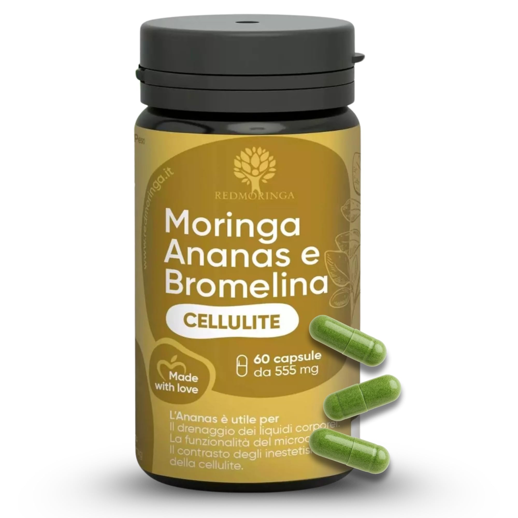 Anti-cellulite puissant avec Bromélaïne 5000 GDU - RedMoringa (60 gélules) Contraste les imperfections de la cellulite e