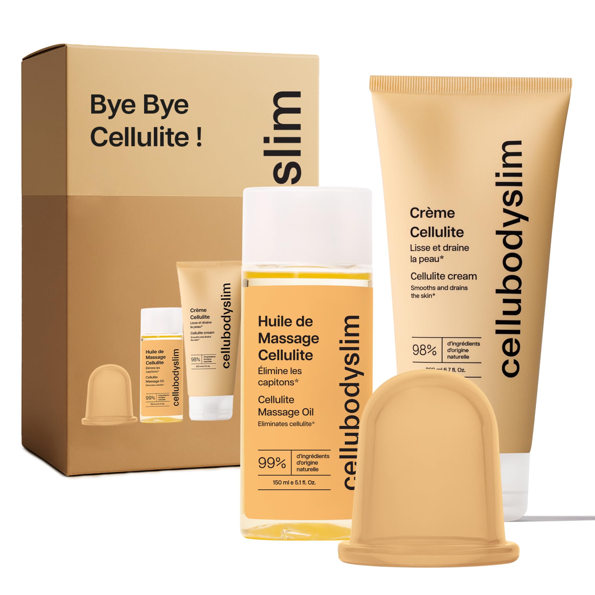 Kit Anti-Cellulite Naturel | Crème + Huile + Ventouse | Raffermit la Peau & Élimine les Graines de Cellulite | Massage P