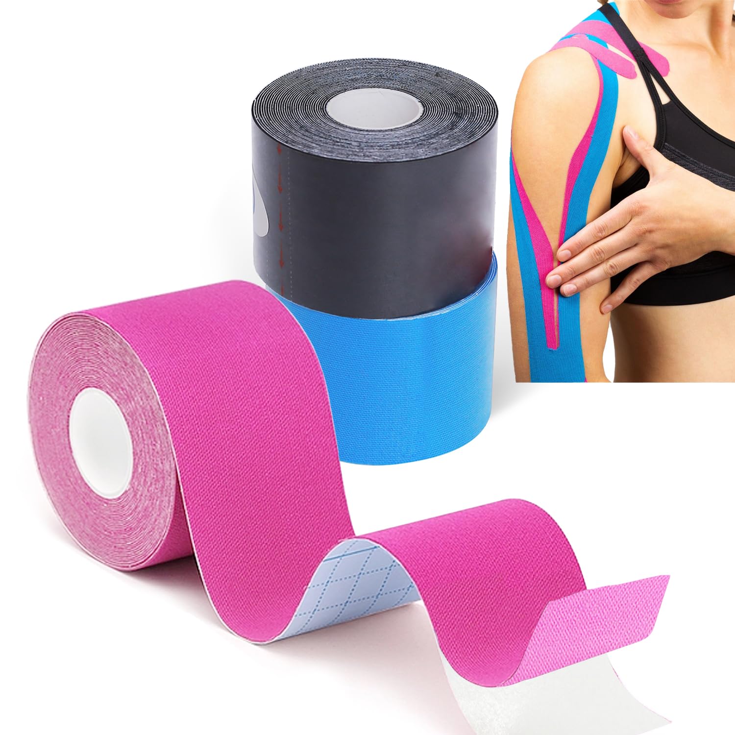 Grunda Bande de Kinésiologie Résistante à l'Eau, 3 Rouleaux 5m x 5cm, Tape Kinesiologie pour Sport, Dure 7 Jours - Noir,